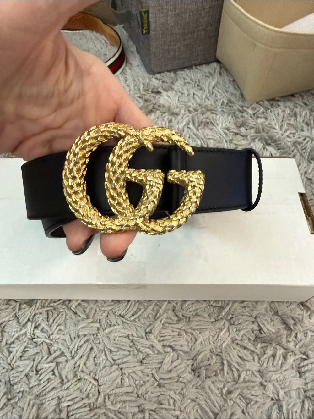 Gucci Black Leather Belt with Gold Double G Buckle
